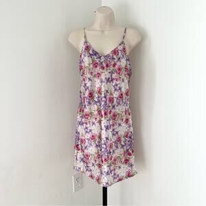 Vintage Satin Slip‎ Dress Floral Cut Out Sides V Neck Criss Cross Nightgown